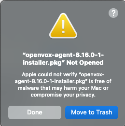 Gatekeeper warning on an unsigned installer
